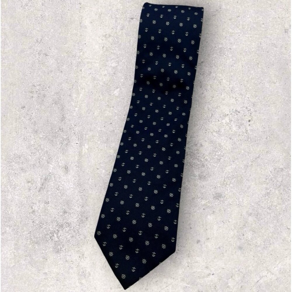 DUNHILL Silk Tie ITALY Navy Anchor Ship Wheel W:3.4" EUC